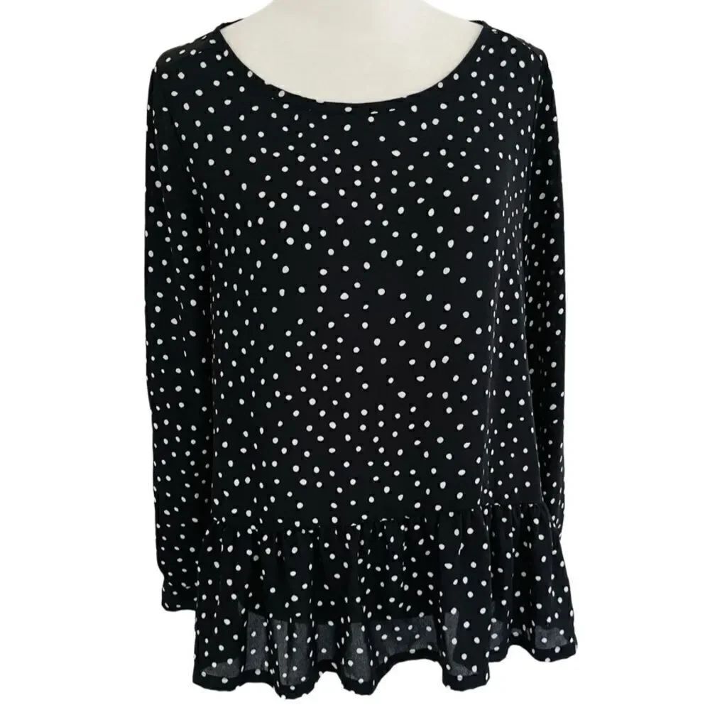 LOFT 100% polyester polka dot round neck long sleeved top ruffled bottom sz XSP